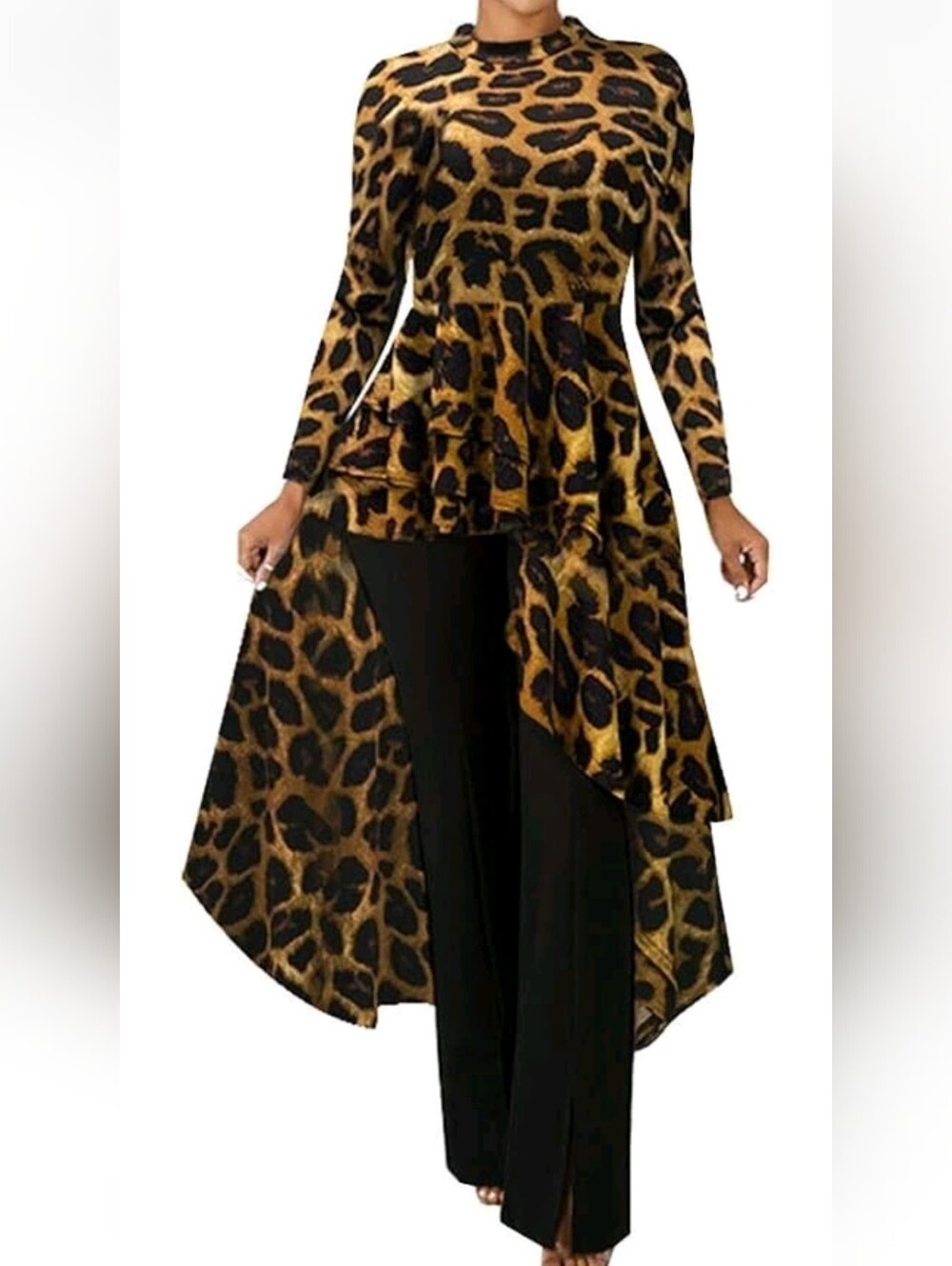 High Low Long Sleeve Mock Turtleneck Leopard Print Tunic Top Dress Women XL
